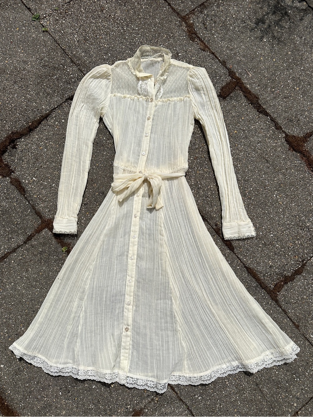 Vintage 70s Prairie Dress Cream Sheer Gauze Lace Yoke Ruffle Mock Neck - Picture 1 of 6